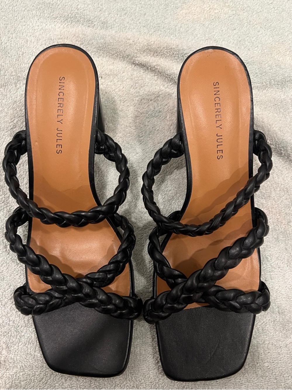 Sincerly Jules Black Braided-Strap Square-Toe Heels